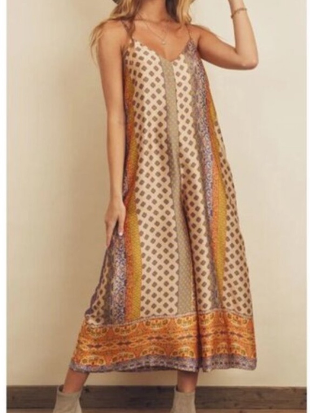Dress Forum Boho Patchwork Silky Wide Leg Cropped Festival Jumpsuit‎